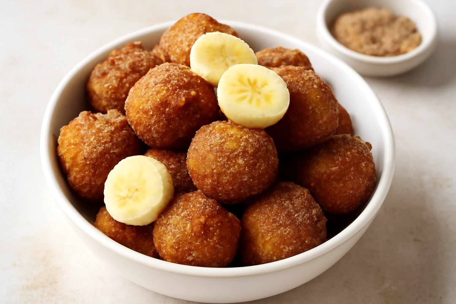 Banános bolinho de chuva, fahéjas cukorral tálalva