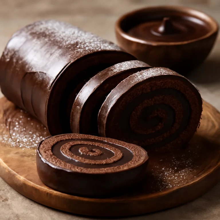 Bolo de Rolo csokoládéganache-sal, csokoládéganache-szal töltött tekercs szeletek