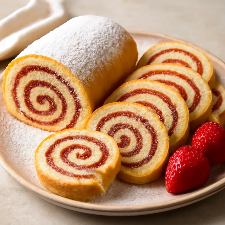 Bolo de Rolo eperrel, eper lekvárral töltött tekercs szeletek