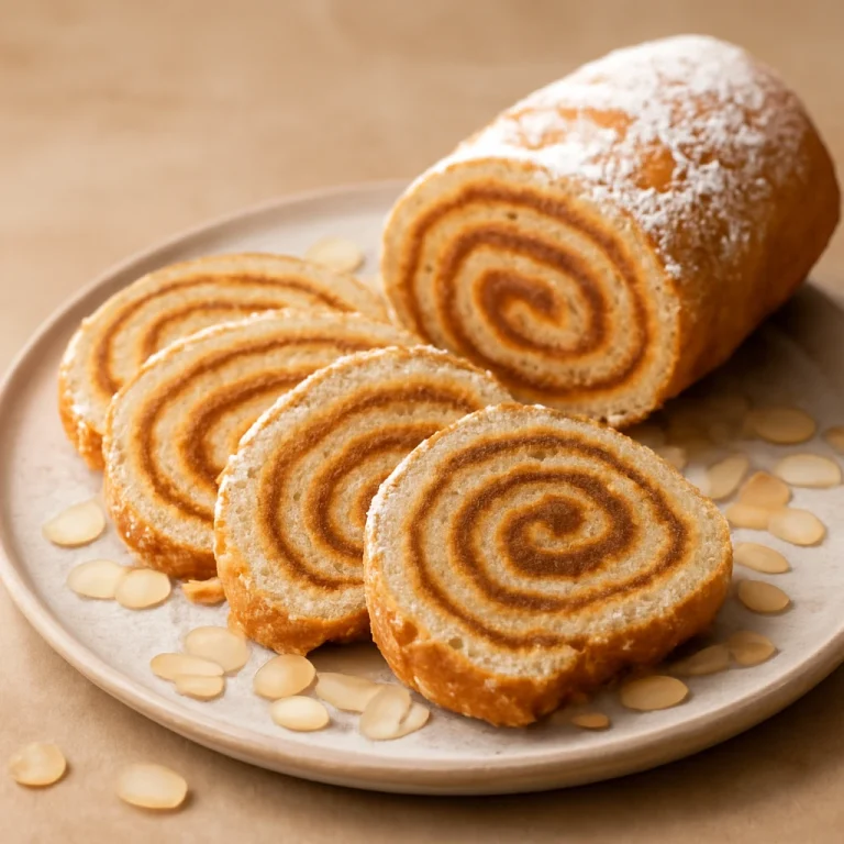 Bolo de Rolo mandulával, mandulás lekvárral töltött tekercs szeletek