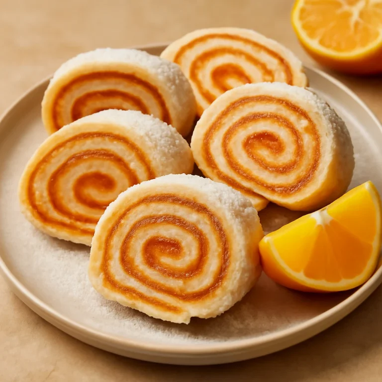 Bolo de Rolo narancssal, narancs lekvárral töltött tekercs szeletek