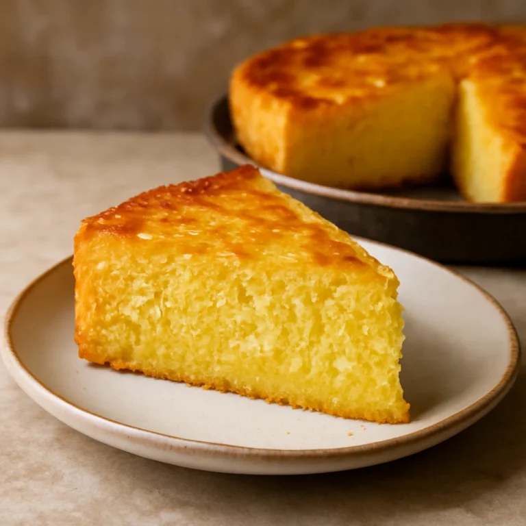 Bolo de fubá krémes, kókusztejjel és sajttal, egy szelet torta, aranybarna és krémes állagú