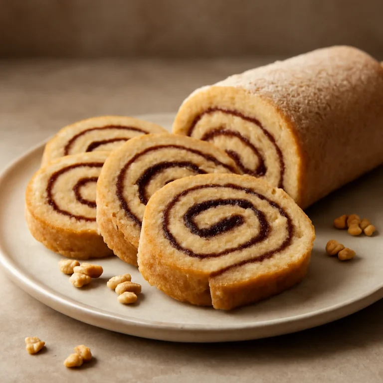 Bolo de rolo dióval szeletelve, frissen tálalva