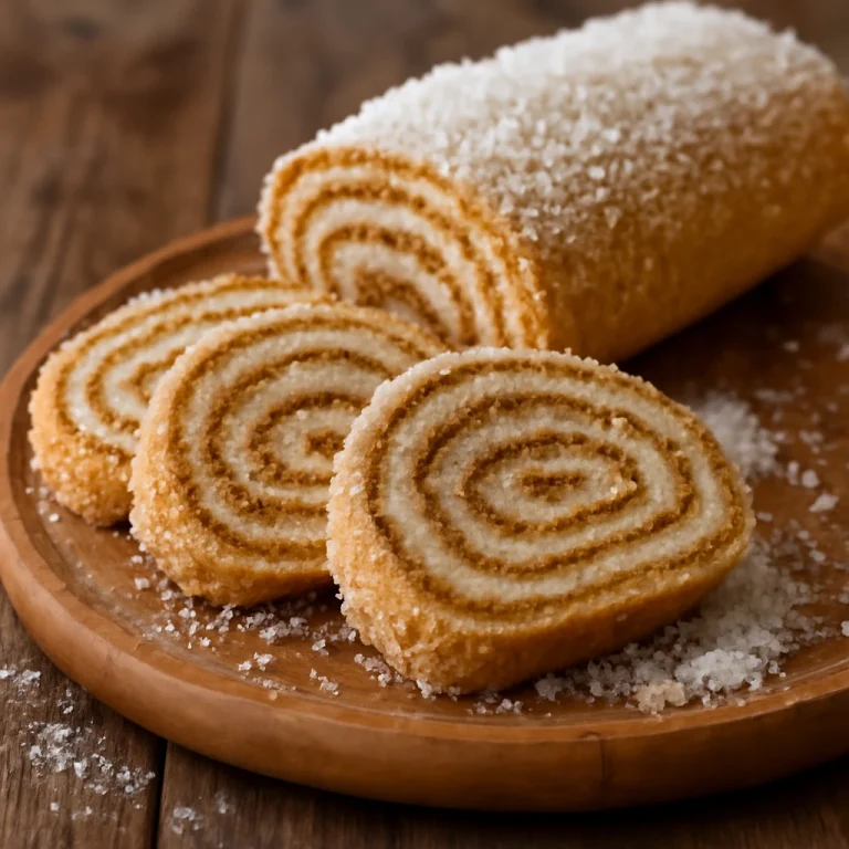 Bolo de rolo kókuszos, aranybarna tekercsként tálalva