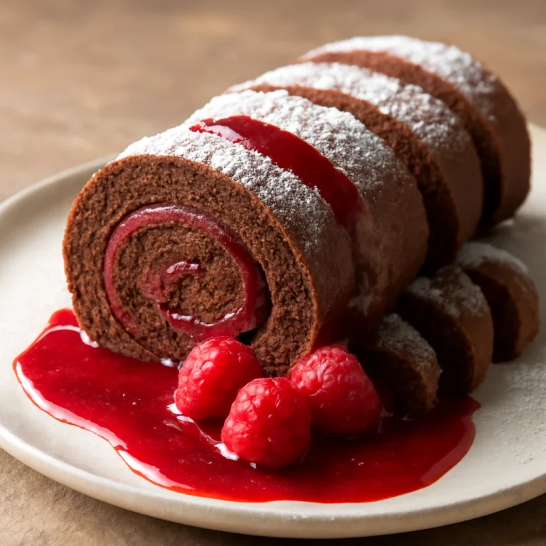 Bolo de rolo likőrrel, málnaöntettel, porcukorral díszítve