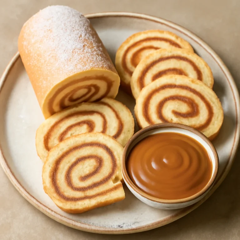 Bolo de rolo tejkaramellel, frissen tálalva, karamellás töltelékkel
