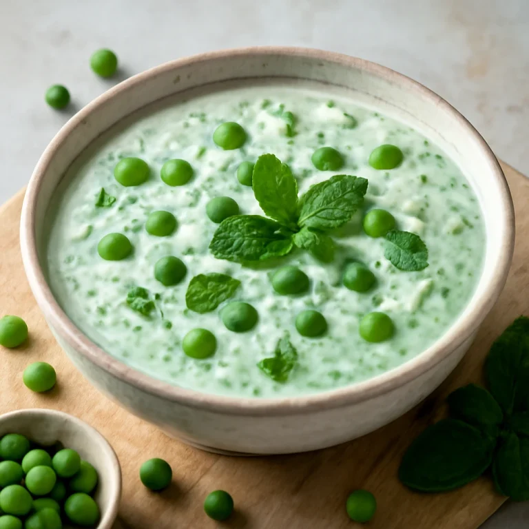 Borsós-mintás raita tálalva, friss mentával és borsóval díszítve