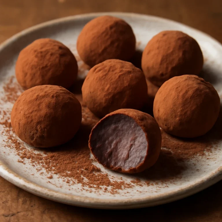 Brigadeiro csokoládéval, csokoládés golyók friss kakaóporral díszítve