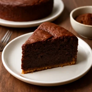 Broa de fubá com chocolate, egy szelet csokoládés kukoricadara sütemény egy tányéron