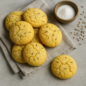 Broa de fubá com erva-doce, repedezett kukoricás kekszek édesköménymaggal díszítve