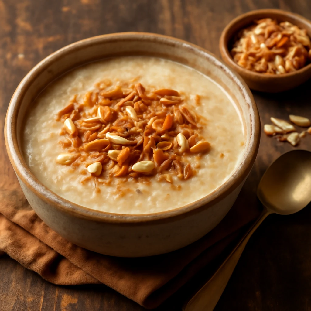 Friss, tejjel és kókusztejjel készült payasam, mandulával és kókuszreszelékkel díszítve