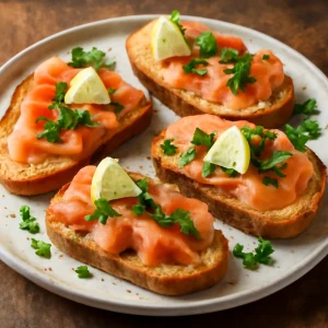 Friss bruschetta füstölt lazaccal, citrommal és petrezselyemmel