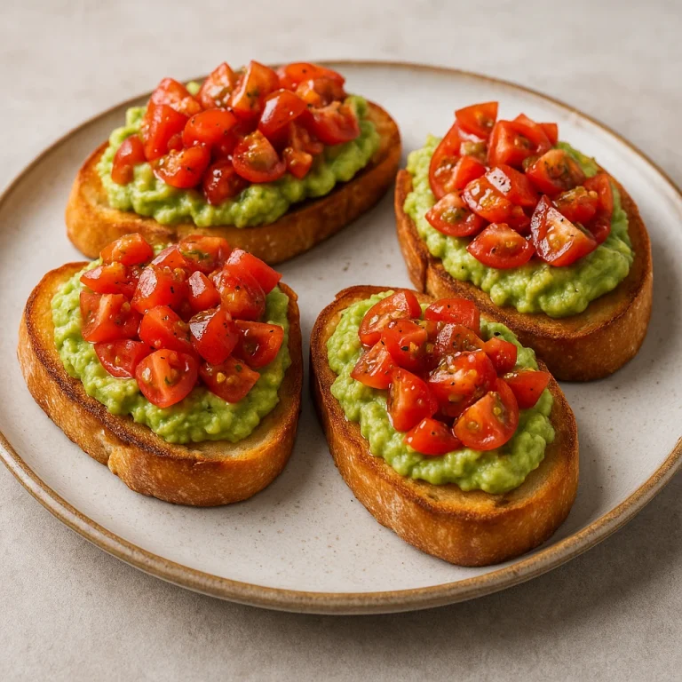 Bruschetta avokádóval és paradicsommal, pirított bagett szeleteken tálalva