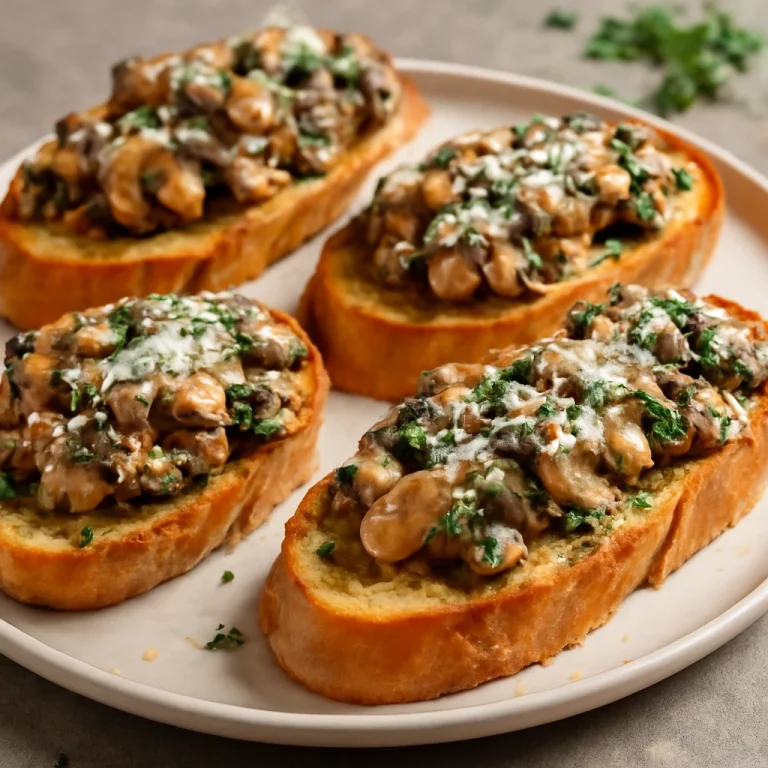 Bruschetta gombával és fokhagymával tálalva, ropogós kenyérrel