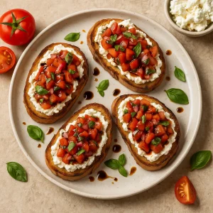Bruschetta paradicsommal, kecskesajttal és friss bazsalikommal tálalva