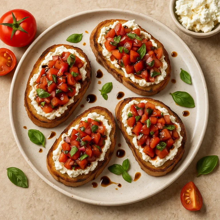 Bruschetta paradicsommal, kecskesajttal és friss bazsalikommal tálalva