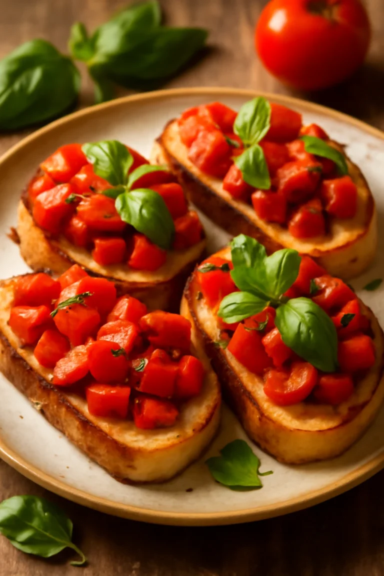 Bruschetta sült paprikával, pirított kenyéren paradicsommal, paprikával és bazsalikommal