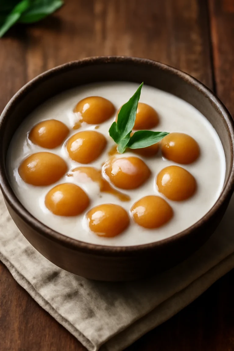 Bubur Candil, rizsgolyókkal és kókusztejjel tálalva