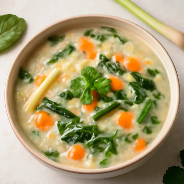Bubur Manado zöldséges rizskása kókusztejjel, friss fűszerekkel