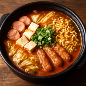 Budae jjigae, gazdag fűszeres leves tofukkal és húsokkal