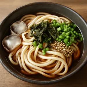 Hideg udon tészta sűrű dashi levesben, friss zöldségekkel és tengeri algával