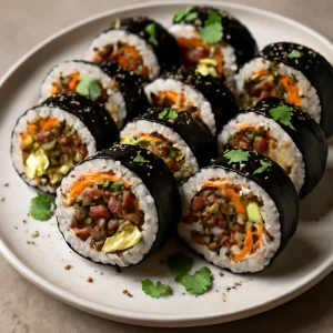 Koreai stílusú gimbap, friss zöldségekkel és bulgogi marhahússal