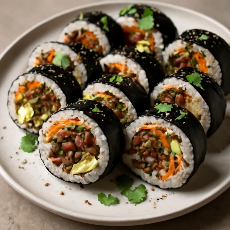 Bulgogi gimbap, koreai tekercs bulgogival, friss zöldségekkel és tojással, szezámmaggal díszítve