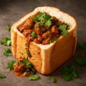 Gazdag bárányhúsos Bunny chow kókusztejjel és friss korianderrel