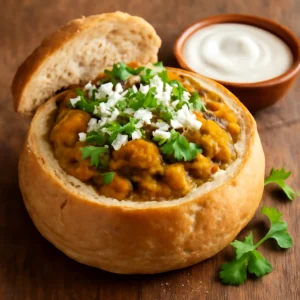 Finom Bunny chow joghurttal, friss fűszerekkel és feta sajttal