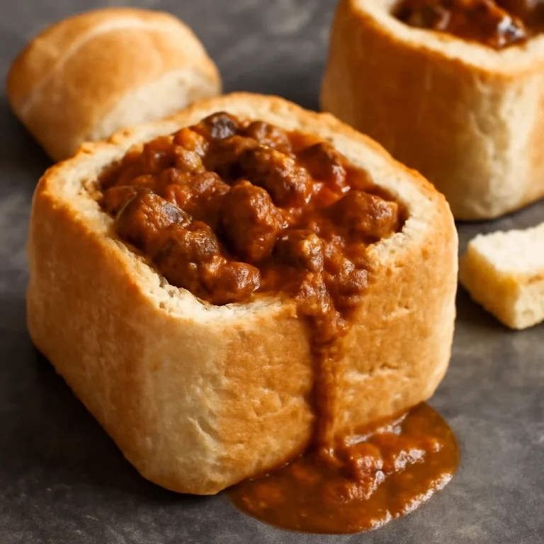 Bunny chow marhahússal, kenyérben tálalva, fűszeres és gazdag szószokkal.