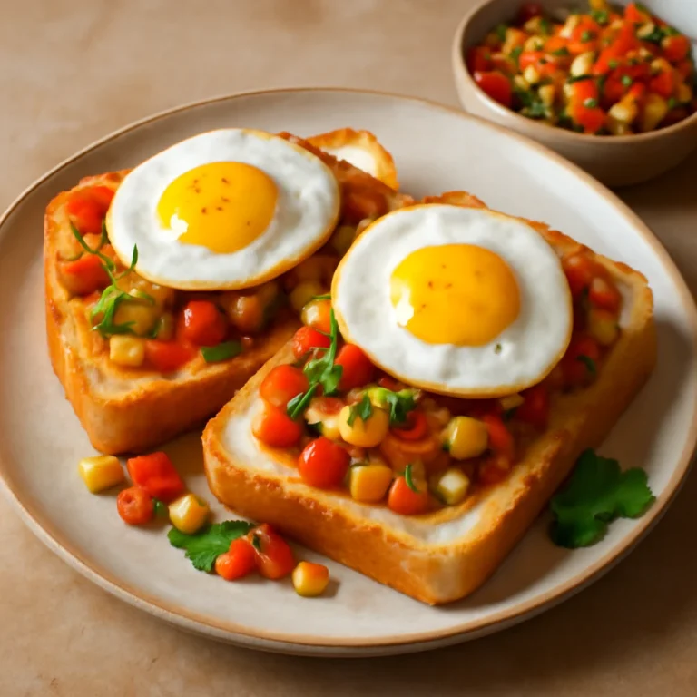 Bunny chow tojással, paradicsomos-zöldséges keverékkel és sült tojással tálalva