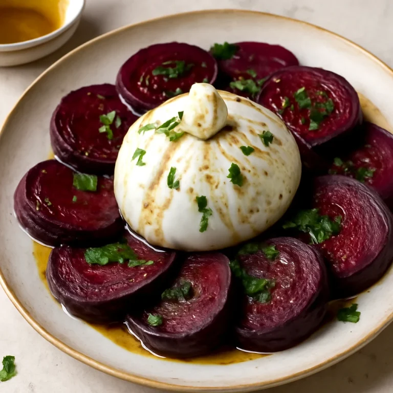 Burrata sült céklával, friss petrezselyemmel, olívaolajjal és balzsamecettel tálalva