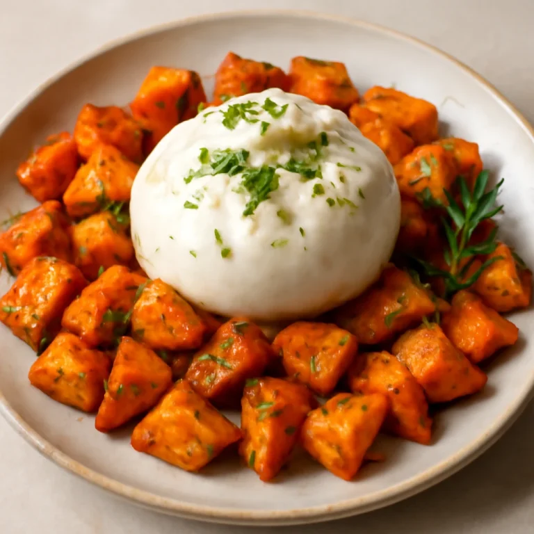 Burrata sült édesburgonyával, friss petrezselyemmel tálalva