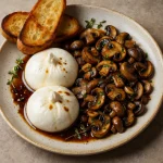 Burrata sült gombával tálalva, balzsamecettel meglocsolva, pirított kenyérrel