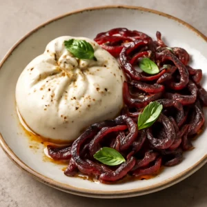 Lágy burrata és karamellizált hagyma egy tálban