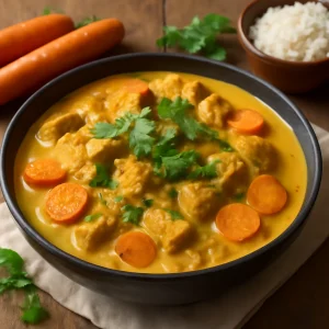 Fűszeres và curry sárgarépával és kókusztejjel tálalva
