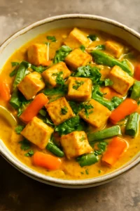 Fűszeres tofu curry, zöldségekkel és korianderrel tálalva