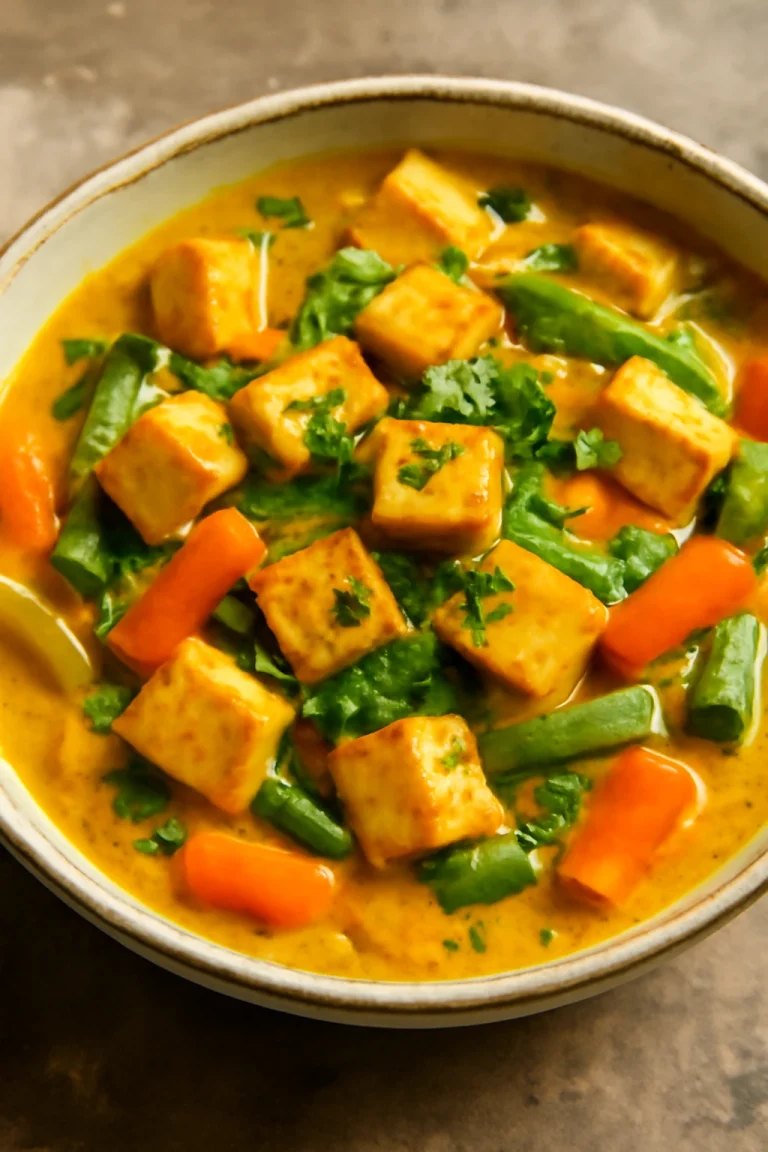 Cà ri tofuval, tofu kockák, zöldségek, és friss koriander