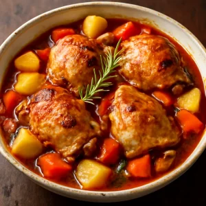 Frissen tálalt cacciatore, gazdag mártásban, burgonyával és csirkecombokkal