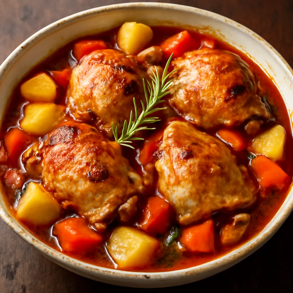 Frissen tálalt cacciatore, gazdag mártásban, burgonyával és csirkecombokkal