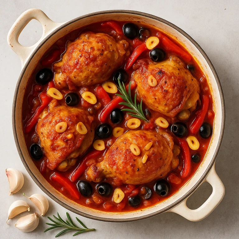 Cacciatore csirke fokhagymával, paradicsomszósszal és olívabogyóval tálalva