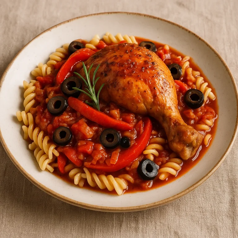 Cacciatore gluténmentes tésztával, csirkecombbal, paradicsomos szósszal és olívabogyóval tálalva