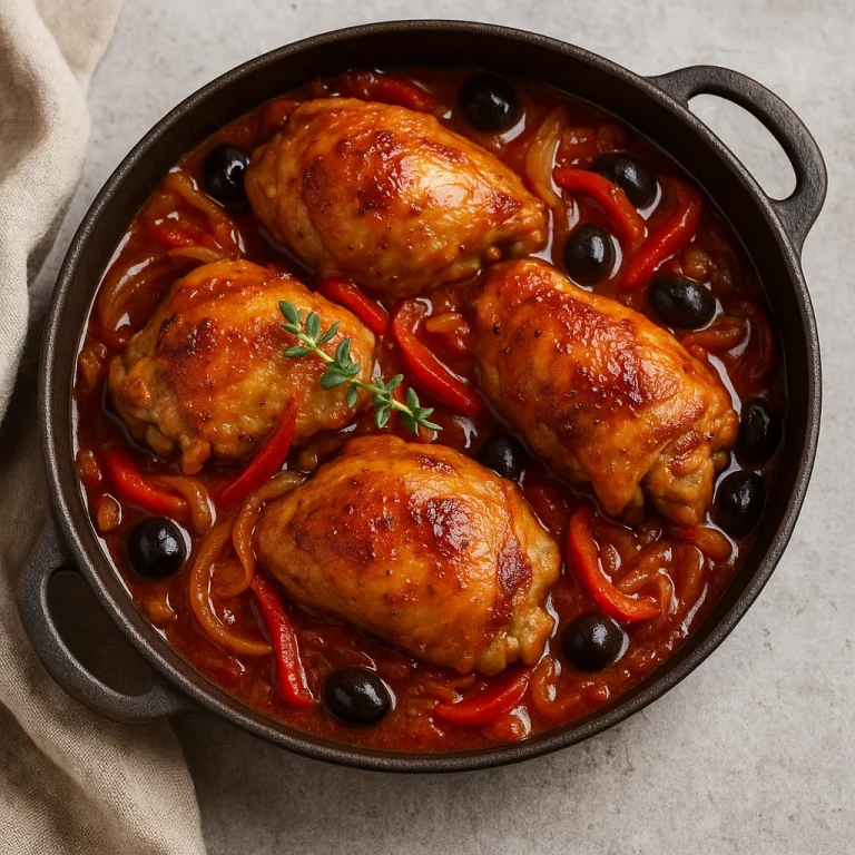 Cacciatore csirke karamellizált hagymával, paradicsomszósszal és olívabogyóval