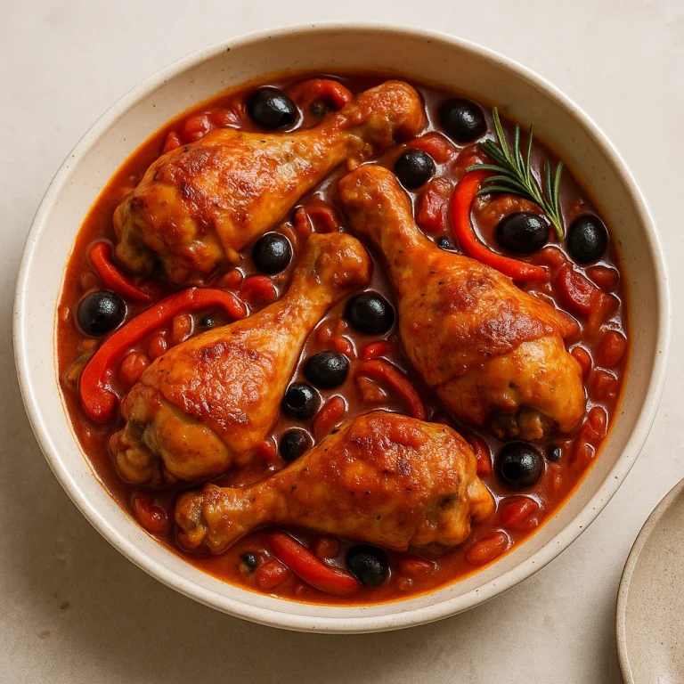 Cacciatore klasszikus csirkehússal, paradicsomos szószban tálalva paprikával és olívabogyóval