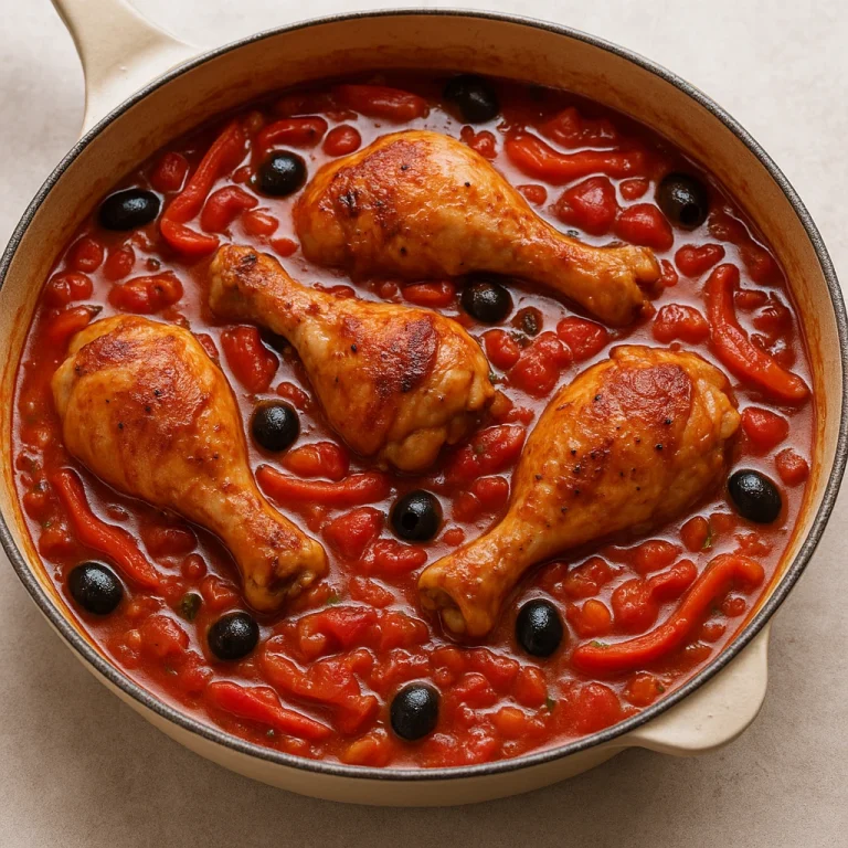 Cacciatore csirke paradicsomos szósszal, paprikával és fekete olívával tálalva
