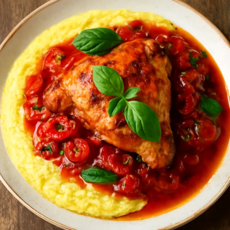 Cacciatore polentával tálalva, paradicsomos szósszal és friss bazsalikommal