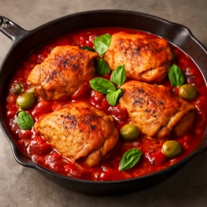 Fűszeres cacciatore étel csirkecombokkal és paradicsomszószban