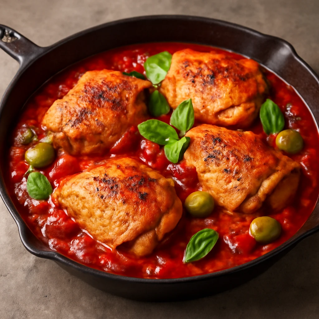 Fűszeres cacciatore étel csirkecombokkal és paradicsomszószban