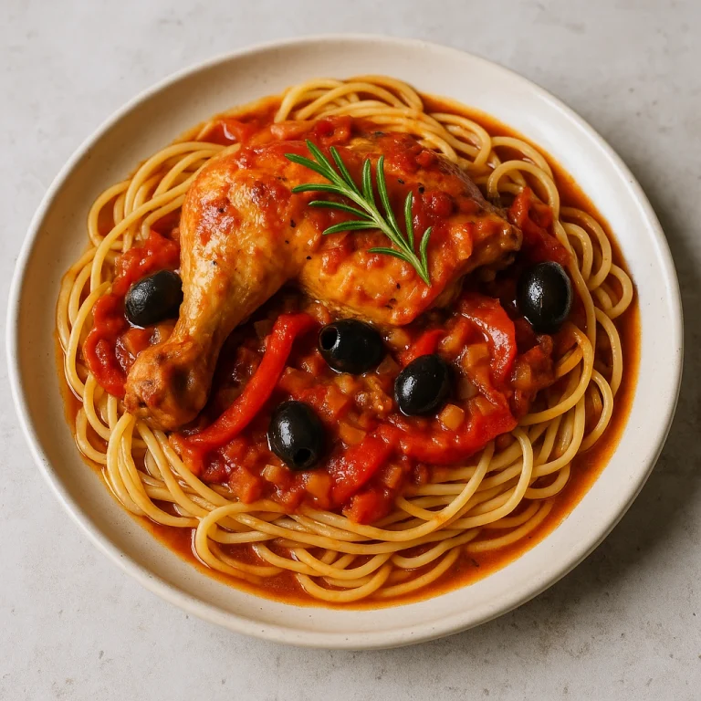 Cacciatore tésztával tálalva, paradicsomos szósszal, csirkecombbal és olívabogyóval díszítve