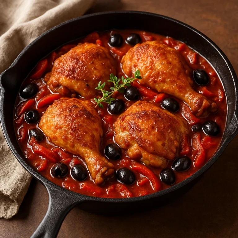 Cacciatore vörösboros paradicsomszósszal, csirkecombokkal és olívabogyóval tálalva